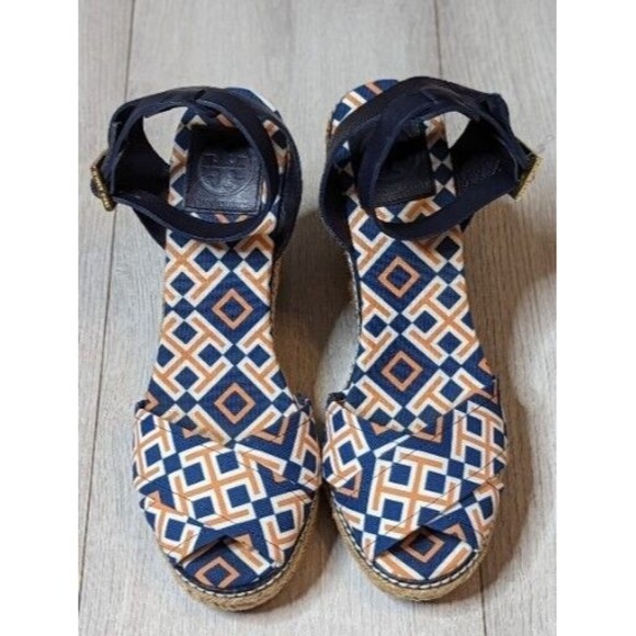 TORY BURCH Orange Blue Canvas Leather Espadrille Criss Cross Strappy Wedge Heels - Picture 3 of 12